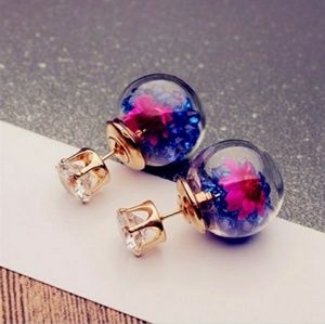 ^Blue/pink bauble earrings w/flower & crystal